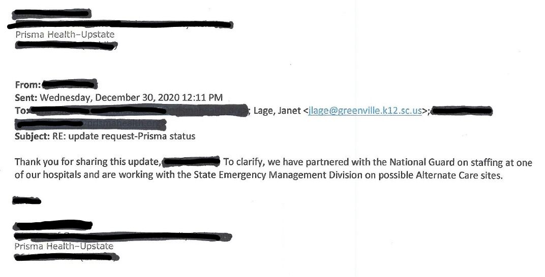 Jan. 9, 2021, Greenville County Schools FOIA response: fourth email (Prisma, re: National Guard)